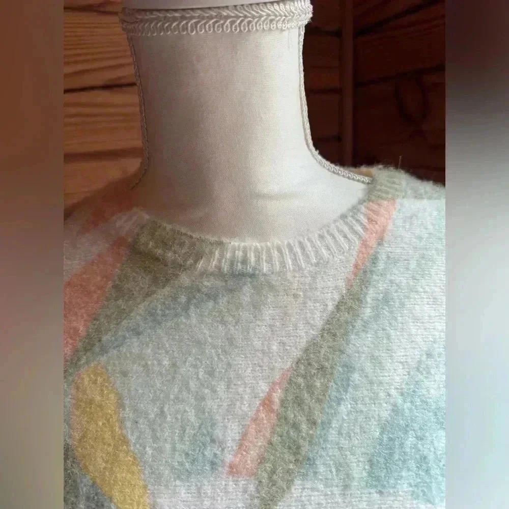 Rachel Zoe Fuzzy Crew Neck Green Pink 80s Retro Styled Sweater size small - Picture 2 of 7